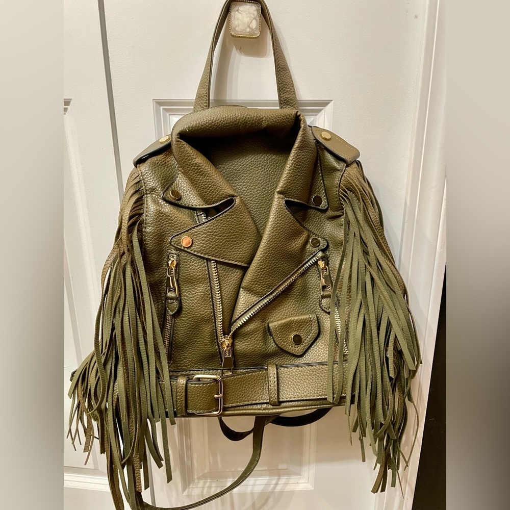 Olive Green Leather Moto Jacket Backpack Purse